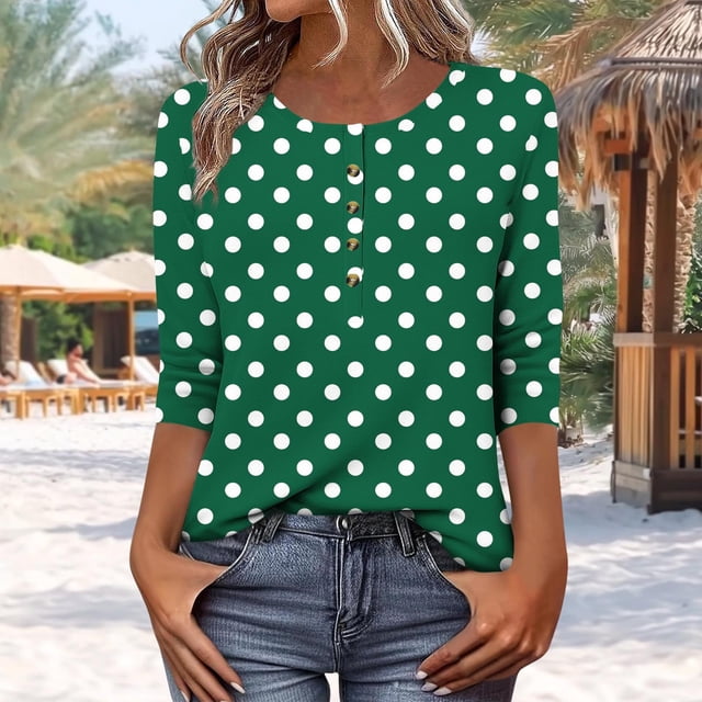 mfyjkho Tops Para Hacer Ejercicio Para Mujer, Camiseta De Manga 3/4 Con Botones Estampados Para Mujer, Cómoda Y Casual, Holgada Tops Para Salir Para Mujer Xxl