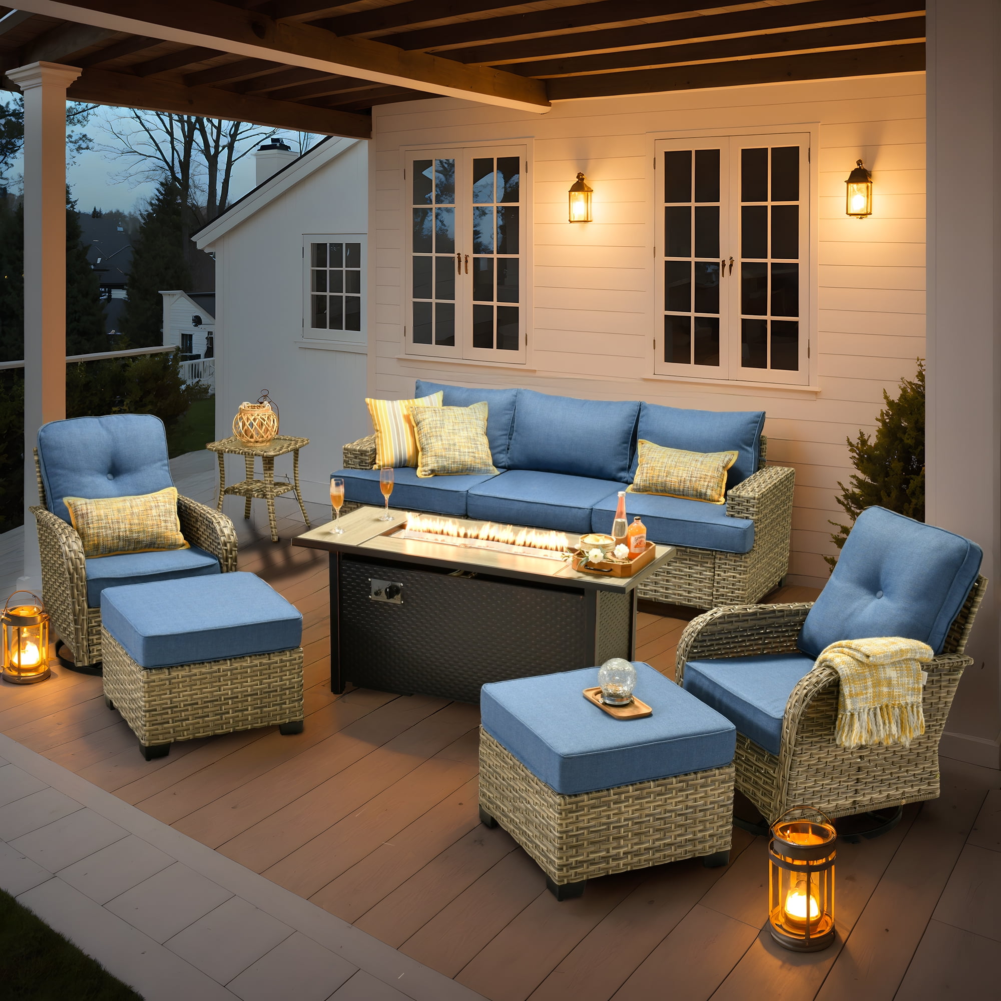 Vcatnet 9 Pieces Patio Fire Pit Sets, Outdoor Patio Conversation Furniture Set, Wicker Sectional Sofa with Swivel Glider Chairs and Ottoman, Denim Blue