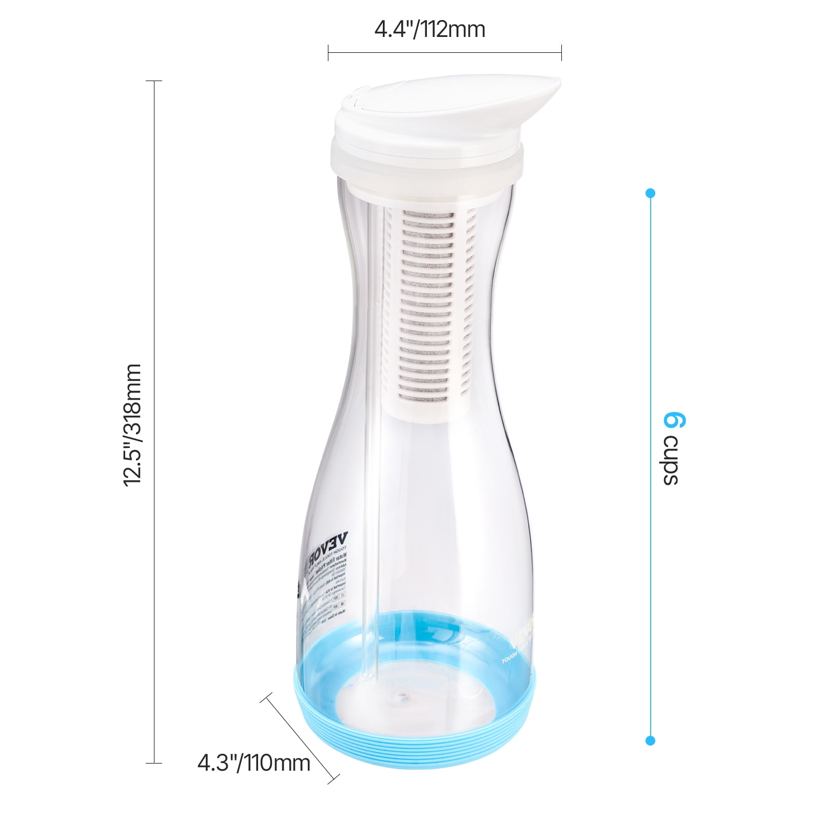 VEVOR Water Filter Pitcher, 6 Cup Glass Water Filter Dispenser, Fast & Compact Fridge-friendly Water Filtration System, No BPA, Lasts 3 Months or 211 Gallons, Reduces Chlorine, Rust,Odors,PFOA/PFOS