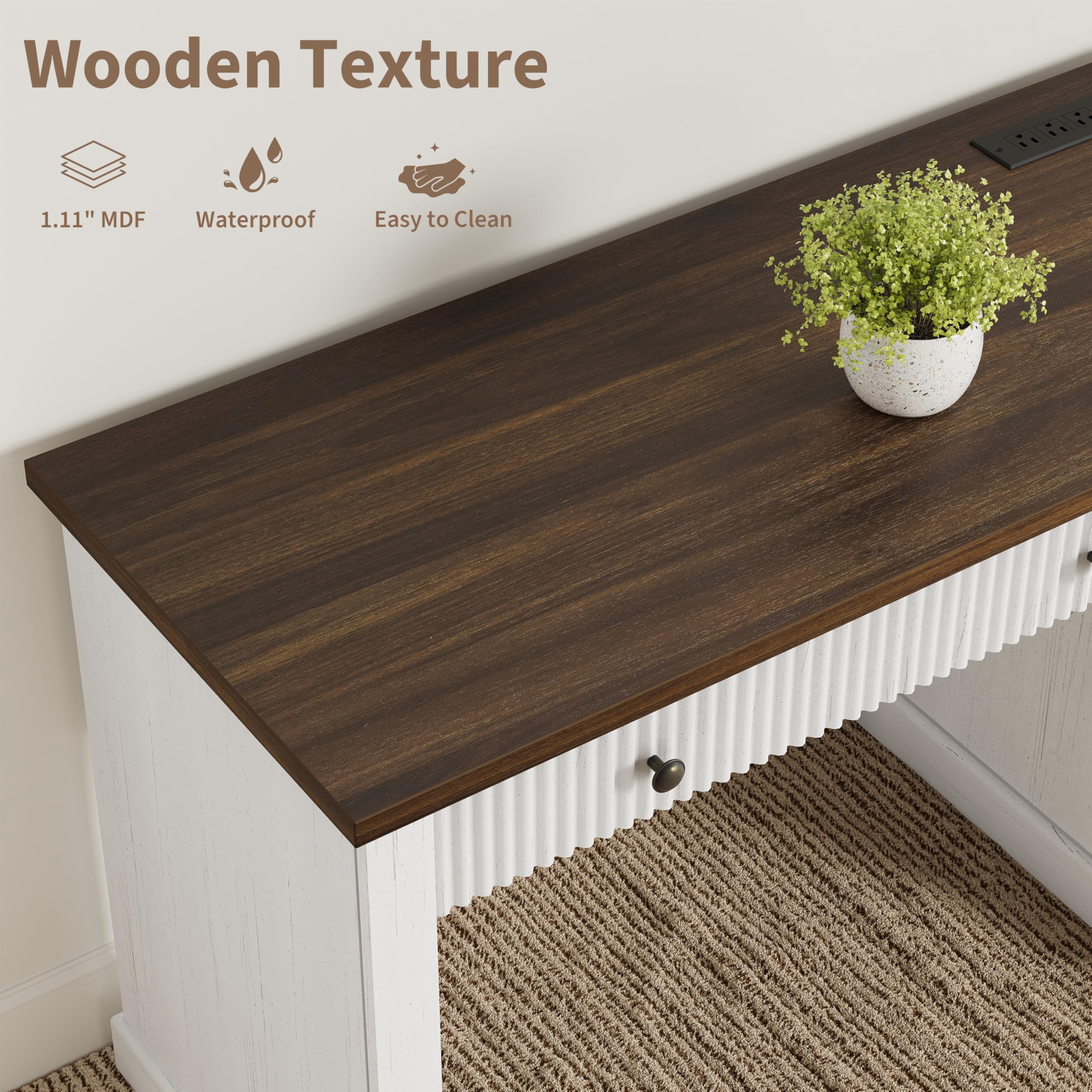 Computer Desk 54 Inch – Home Office Desk with File Drawers, Storage Cabinet & Charging Station, Modern Fluted Executive Writing Table for Small Spaces