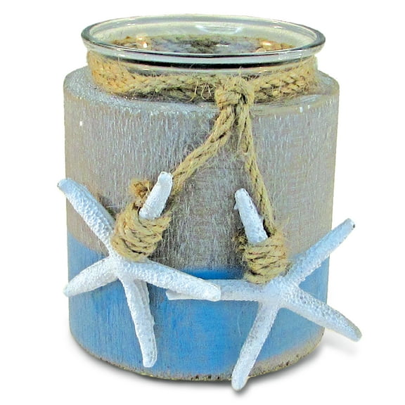 CoTa Global Ocean Breeze Wooden Pillar Candle Holder - Tabletop Coastal Decor Candle Holder with Hanging White Starfish, Ocean-Themed Blue Candle Holder Centerpieces - Handmade, Color May Vary