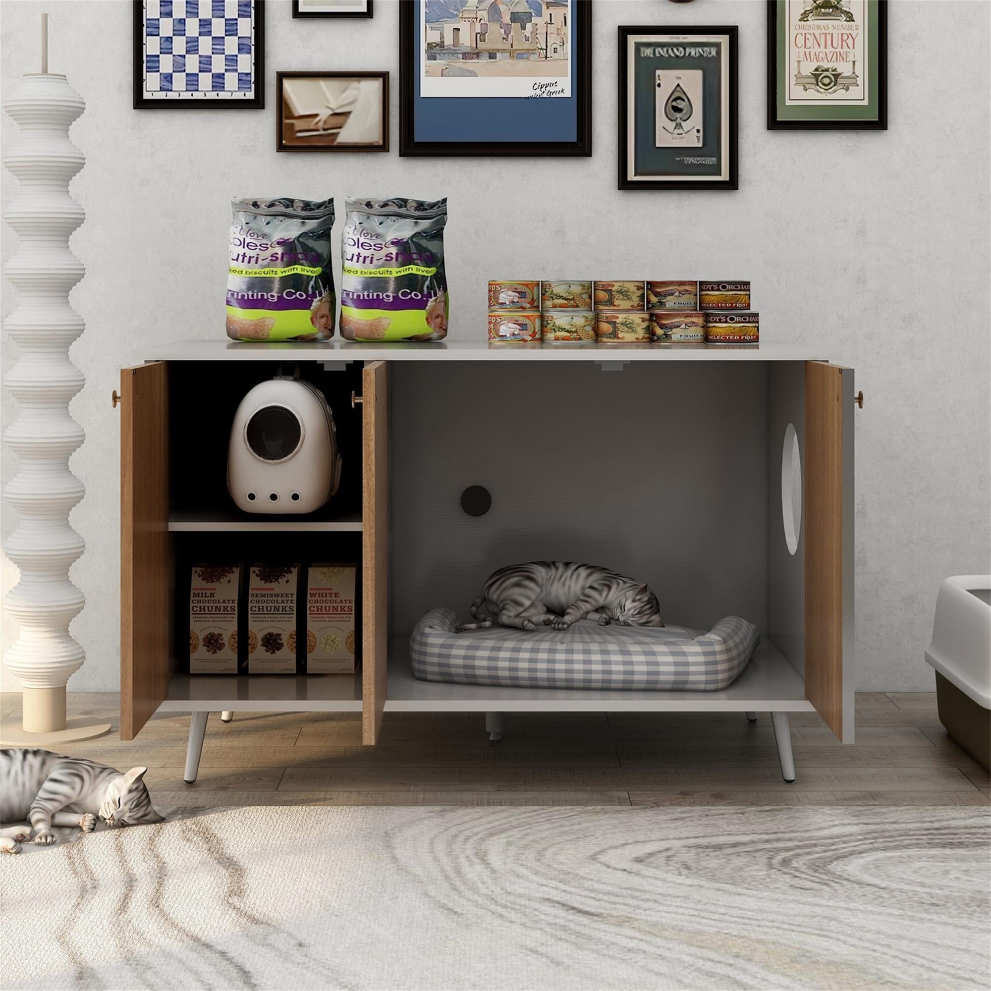 Pefilos 39" Litter Box Enclosure, Cat Litter Box Furniture with Hidden Plug, 3 Doors Indoor Cat House Washroom, White+Brown Pefilos 39" Litter Box Enclosure, Cat Litter Box Furniture with Hidden Plug, 3 Doors Indoor Cat House Washroom, White+Brown