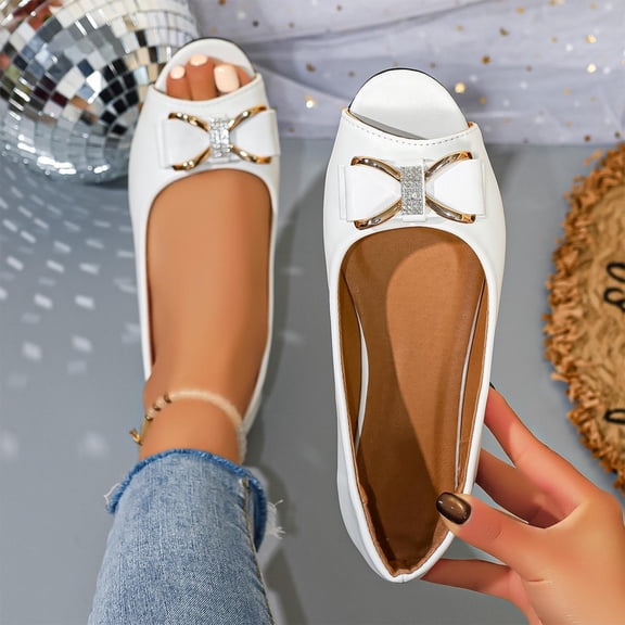 BRGZLK Womens Peep Toe Flats Bow Decorated Low Heel Breathable Comfortable Slip On Shoes Retro Outdoor Versatile Driving Flats White 7.5