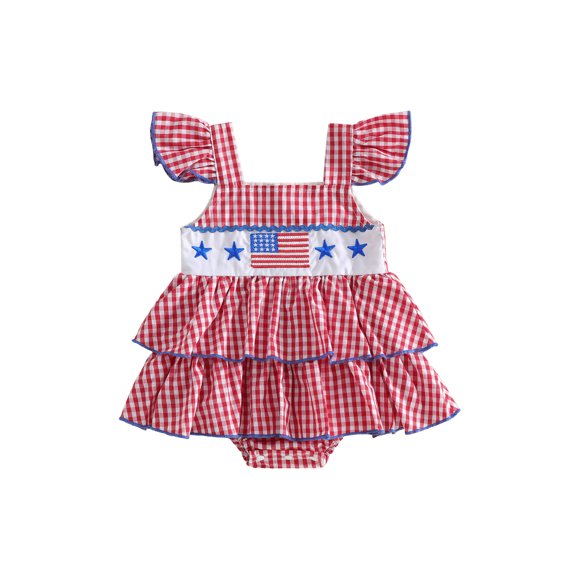 Cenuakty Newborn 0-18M Girls Independence Day Romper Dress Flying Sleeve Square Neck Star Flag Embroidery Plaid Bodysuit