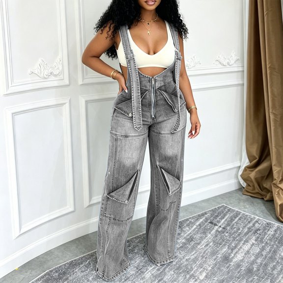Women's Denim Overalls, Adjustable Zipper Jumpsuit, Wash Blue Cowboy Bib Pants, Loose Fit Casual One-Piece For Streetwear Gray XL