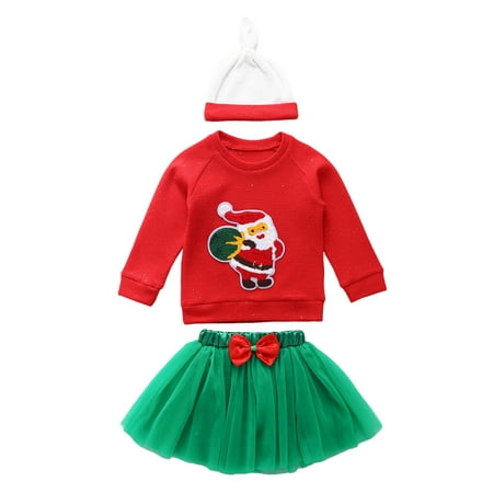 

Calsunbaby 3PCS Toddler Infant Baby Girls Christmas Clothes Set Red Applique Pattern Round Collar Pullover Green Yarn Skirt and Cap