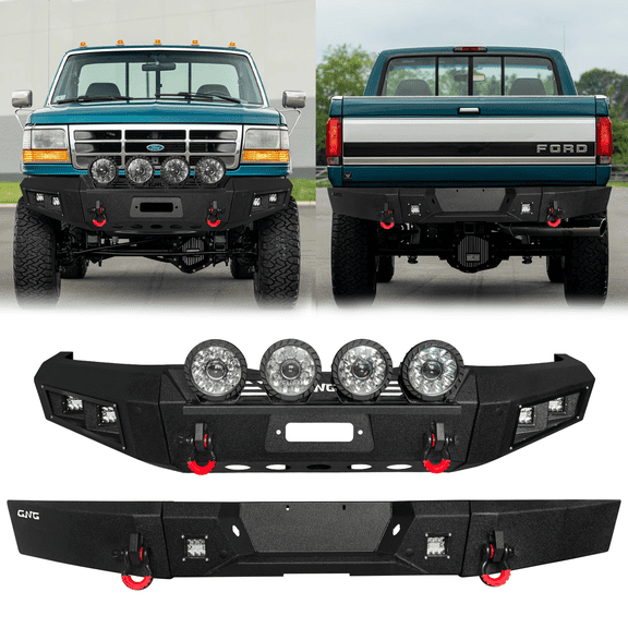 TIOYAR Compatible with 1992-1993-1994-1995-1996-1997 Ford F150/F250/F350 Front and Rear Bumper Textured Black Steel With Winch Plate and LED Lights