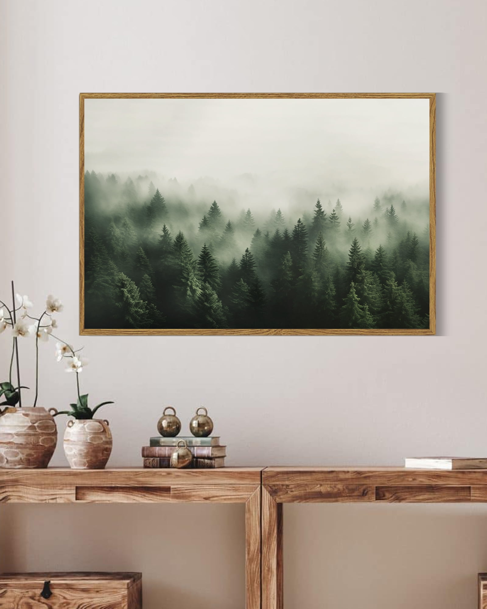Drsoum Framed 24x36in Canvas Wall Art Vintage Classical Oil Painting Green Pine Tree Forest Room Decor for Bathroom Bedroom Living Room - Natural Framed