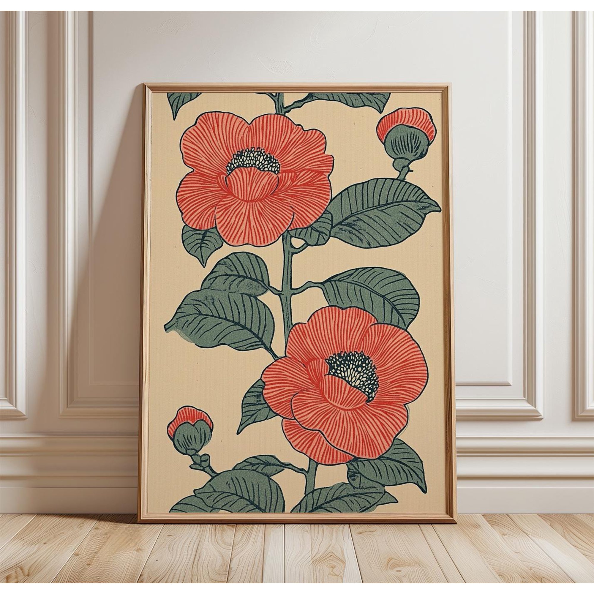Camellia Flower Poster, Botanical Wall Art Print, Vintage Floral Illustration, Japanese Style Nature Decor, Poster Only