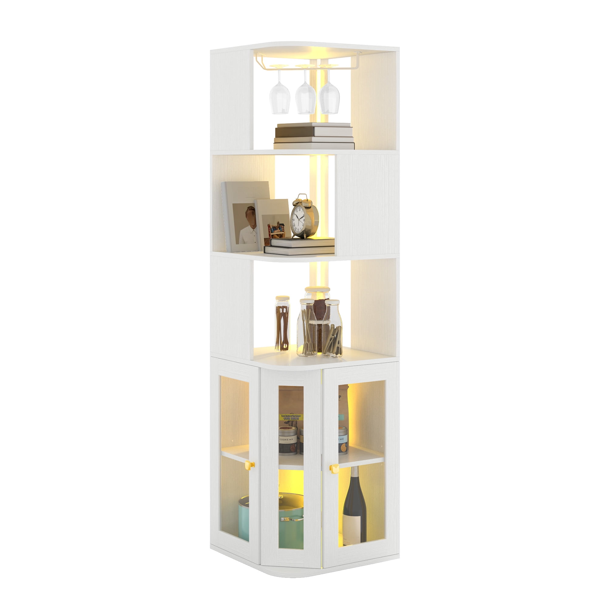Uforic 5 Tier Corner Bar Cabinet with LED Lights & Glass Holder, Storage Cabinet with Door and Shelves, White