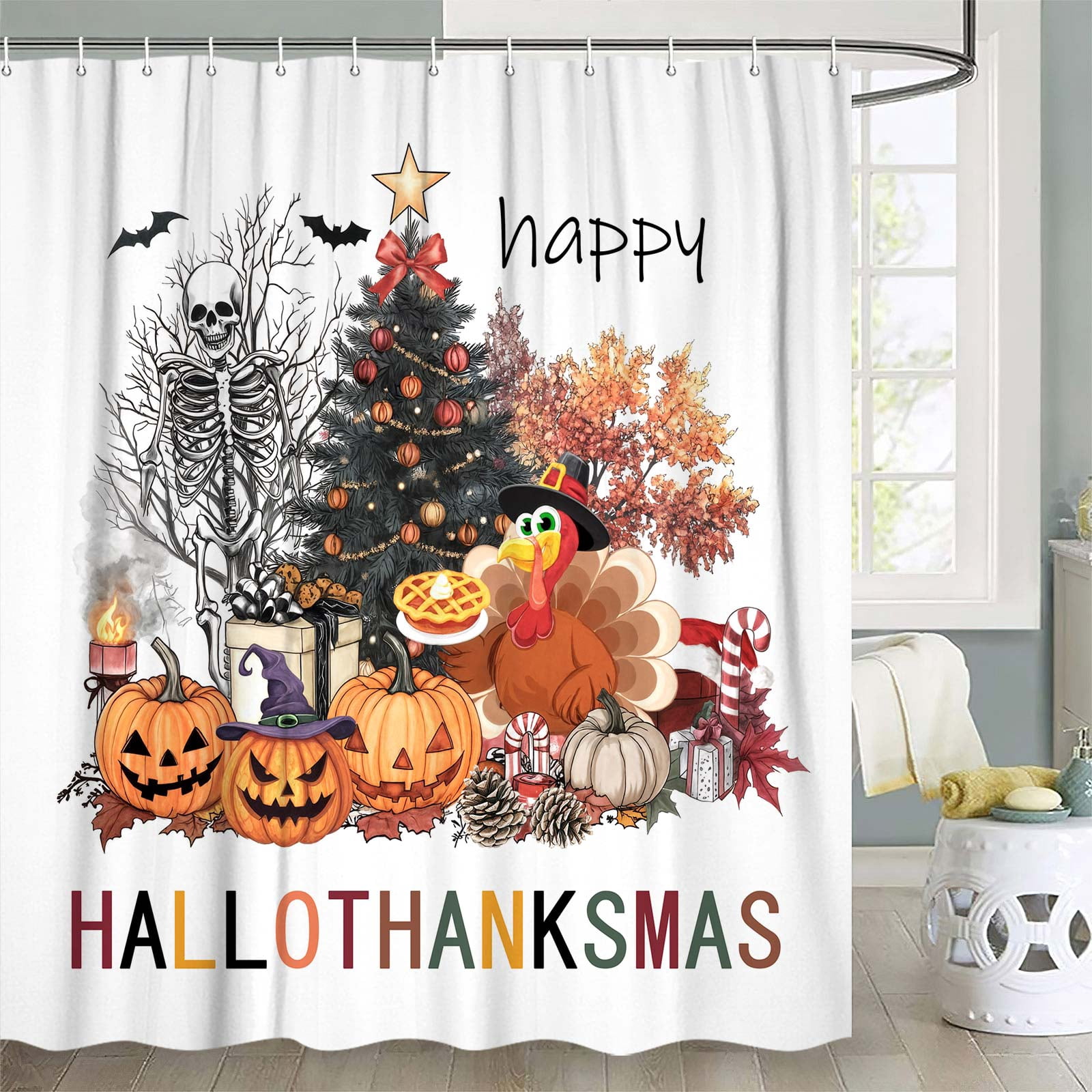 Happy Fall Thanksgiving Halloween Shower Curtains for Bathroom, Fall Autumn Thanksgiving Halloween Christmas Waterproof Bath Shower Curtain Set with Hooks,60X72