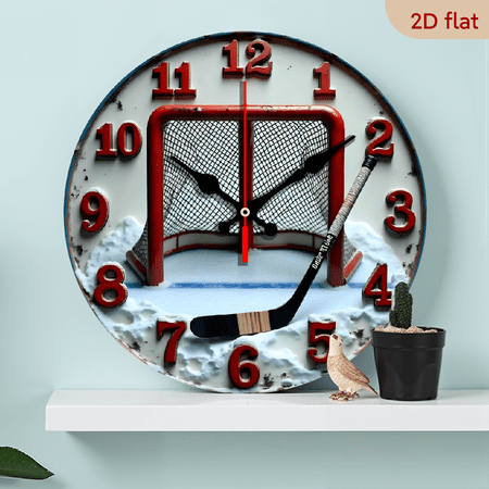 Hockey Theme Wall Clock, Red Goal Net & Hockey Stick on Snowy Rink, Sports Fan Decor, Unique Timepiece for Hockey Enthusiasts' Man Cave & Game Room