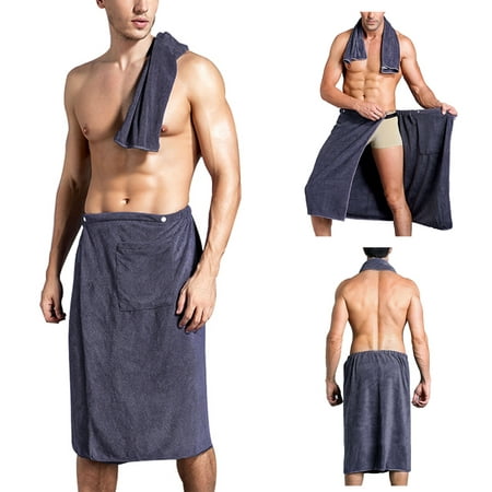 2Pcs Men's Bath Towel, OHSAY USA Snap Closure Elastic Bath Wrap Shower Wrap with Hand Towel for Home