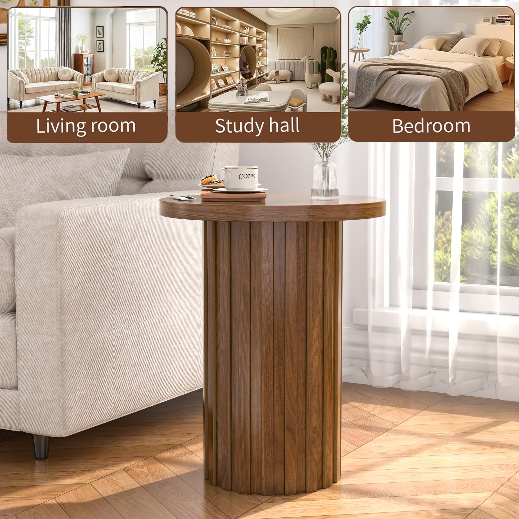 Small Round End Table Farmhouse Accent Side Table Modern Nightstand for Living Room Bedroom (Walnut)