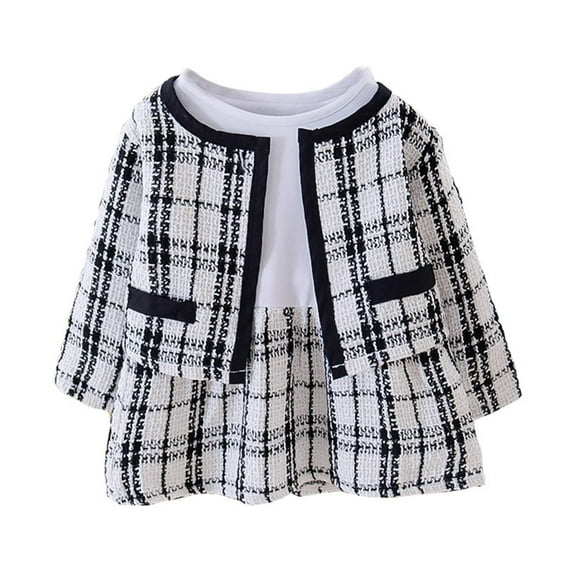 Odeerbi Girls Dress Baby Girls Clothes Toddler Kids Plaid Skirt Set Long Sleeve Jacket Coat Top Party Dresses White