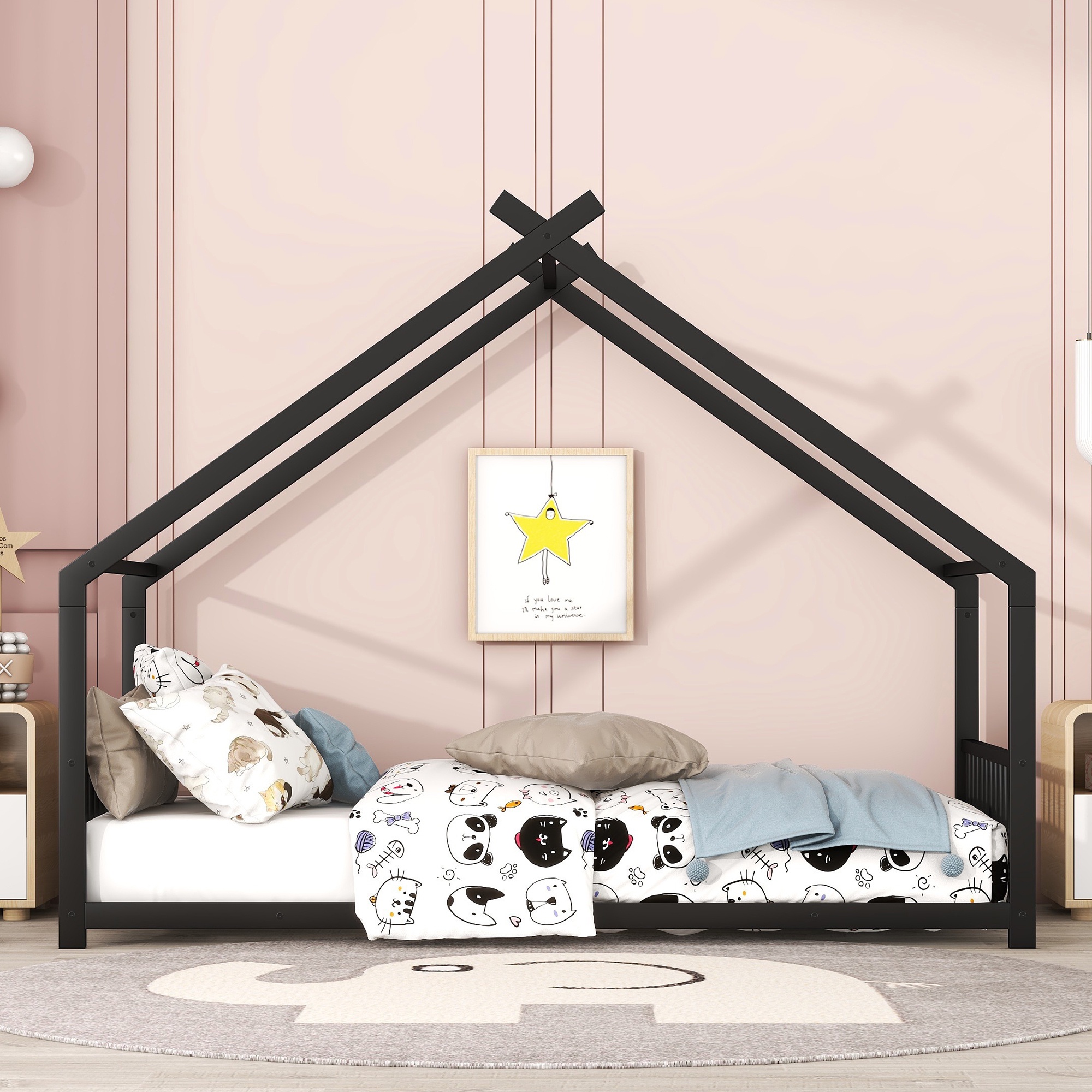 PORKISS Twin Size Floor Bed Frame, Metal Montessori Floor Bed with House Bed Featuring Roof, Modern Twin Platform Bed for Kids Boys Girls, No Box Spring Needed, Black