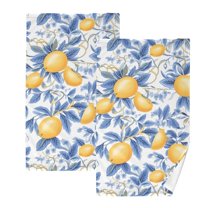 Lemons and Blue Leaves 2 PCs Cotton Hand Towels Absorbent Face Towel Soft Breathable Towel Set for Bathroom Kitchen Hotel Gym Decoration