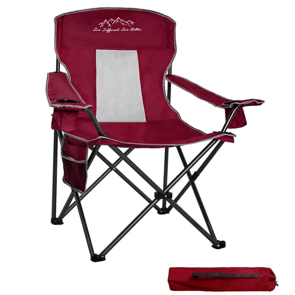 FREESKY Camping Chair Breathable Mesh Portable Outdoor Folding Chairs with Cooler Bag & Side Pocket, Red