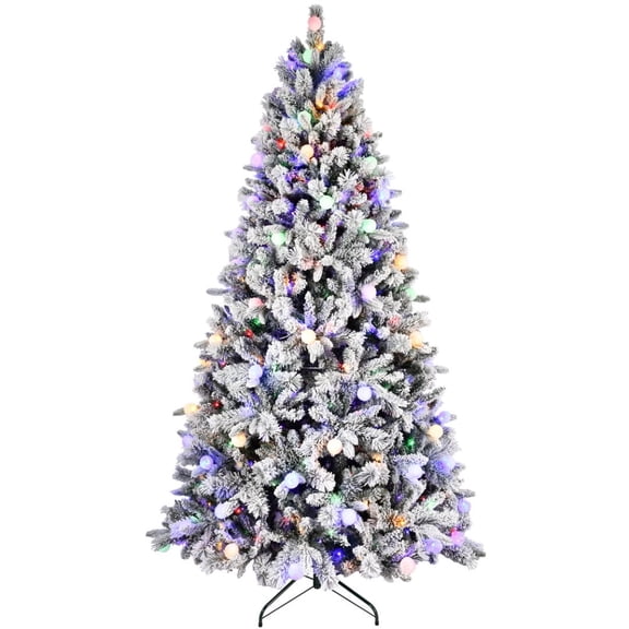 Flocked Christmas Tree 8ft Artificial Prelit Two Colors Lights Xmas Tree, 470 LED Lights, 1793 Branch Tips