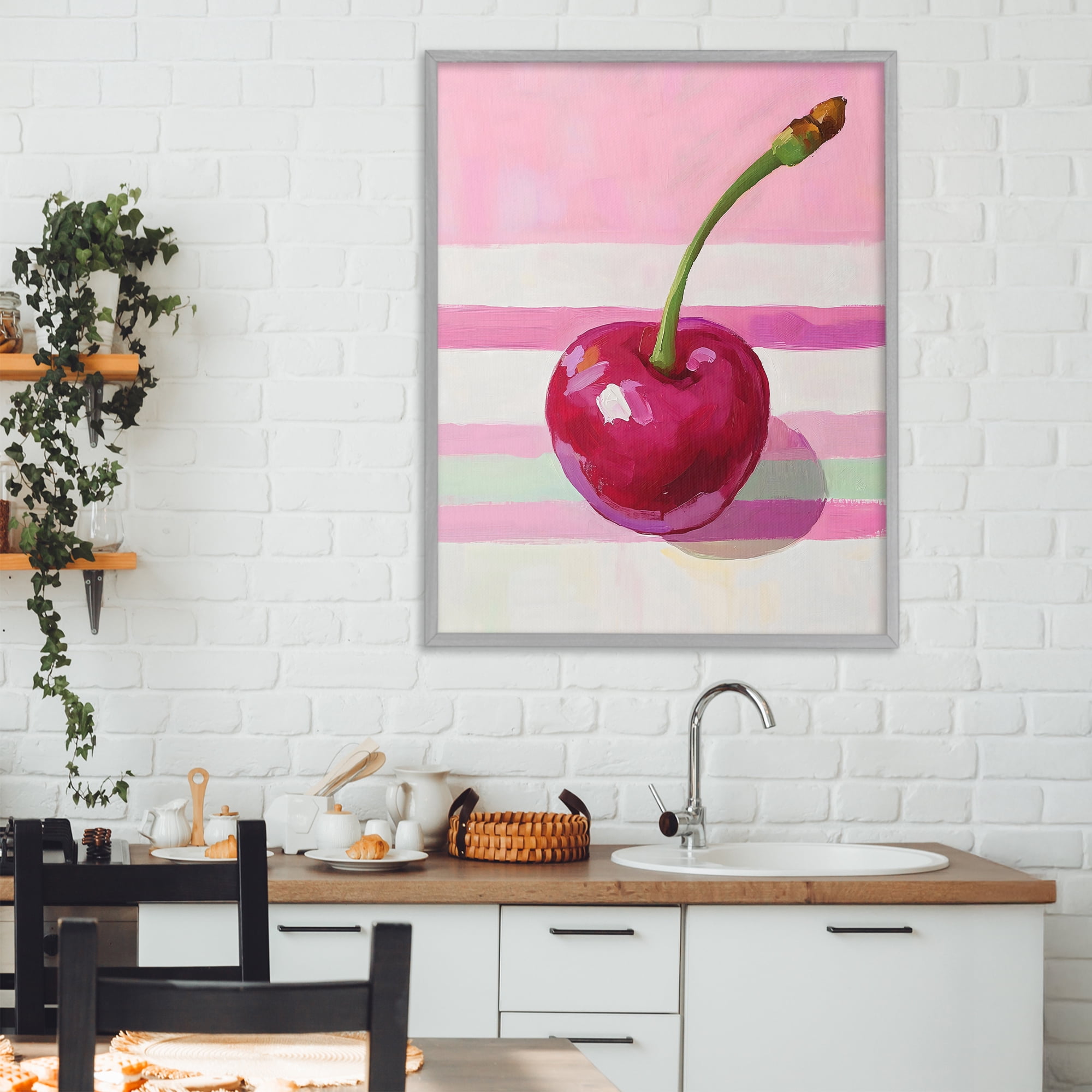 Stupell Industries Cherry on Pink Stripes Gray Framed Giclee Art, design by The Prints Vibe