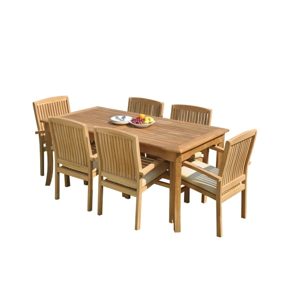 7-Piece Teak Dining Set: 60" Rectangle Table   6 Wave Stacking Arm Chairs