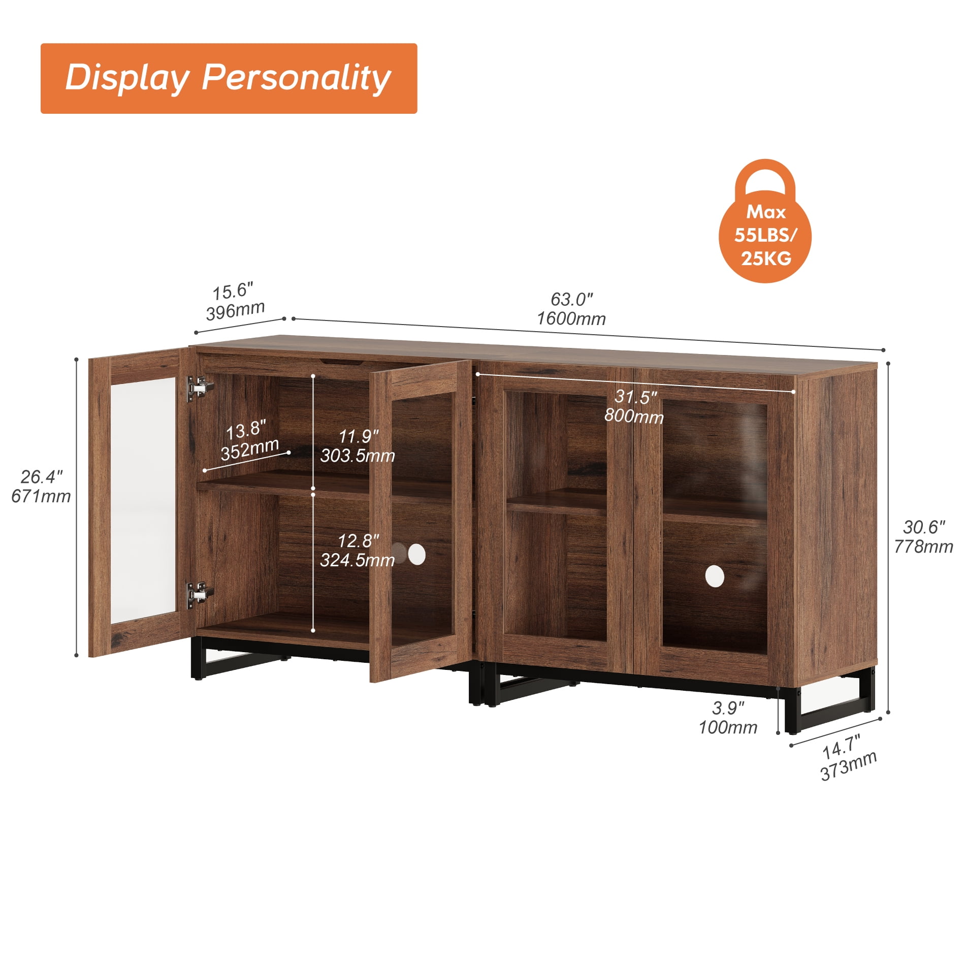 Modern TV Stand with Glass Doors, Entertainment Center TV Console with Adjustable Shelves, Media Storage Furniture up to 70 Inch TVs, Suitable for Living Room,Brown
