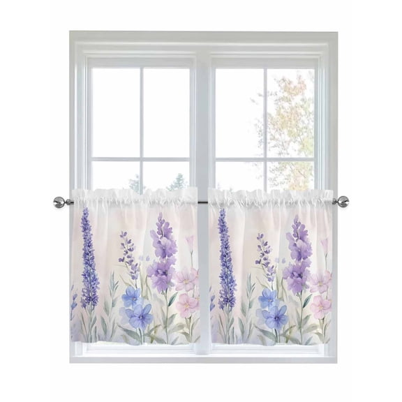 Half Window Curtain 36 Inches Long, Lavender Spring Window Treatment Curtain Drapes, Farmhouse Pastoral Pastel Flowers Small Tier Curtains for Bathroom Over Sink, 27.5"x36", 2 Panels