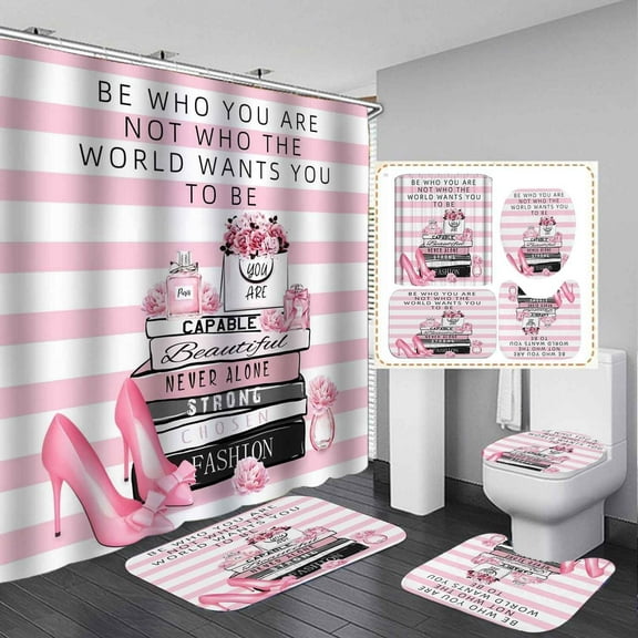 4PCS Gold Glitter Hello Gorgeous Shower Curtain Set, Hibiscus Pink Floral Makeup Cosmetic Black and White Striped Modern Fashion Girls Women Bathroom Decor, Non-slip Bath Mat, Perfume