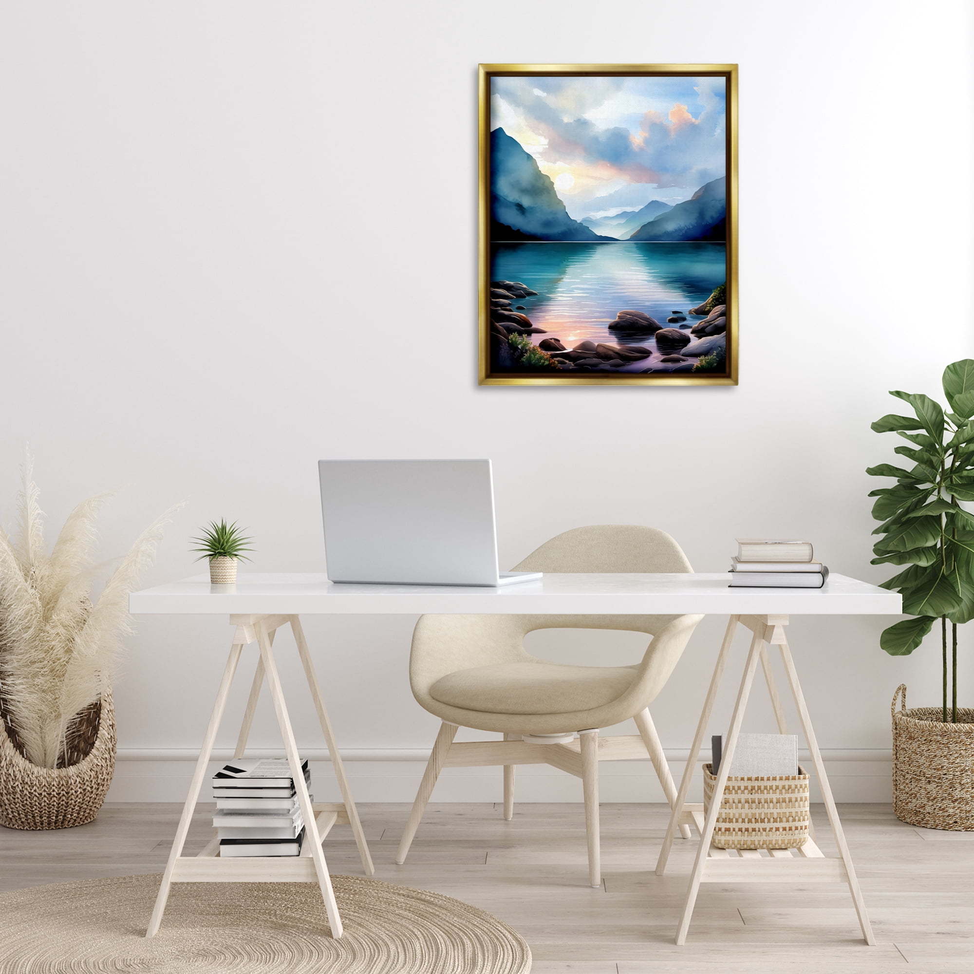Stupell Industries Rocky Mountain Beach Landscape Painting Gold Floater Framed Art Print Wall Art, 25 x 31