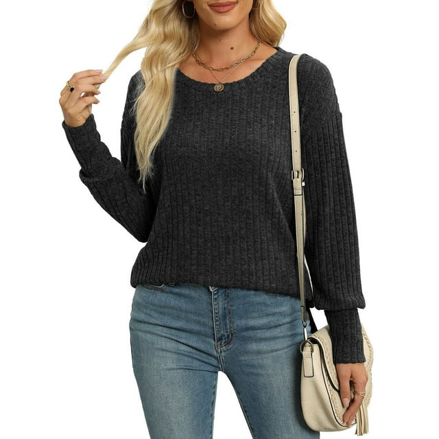 BLCHUNen Hauts d'Automne pour Femmes Tricot Côtelé Col Rond Chandail Léger Ample Décontracté Sport Gym