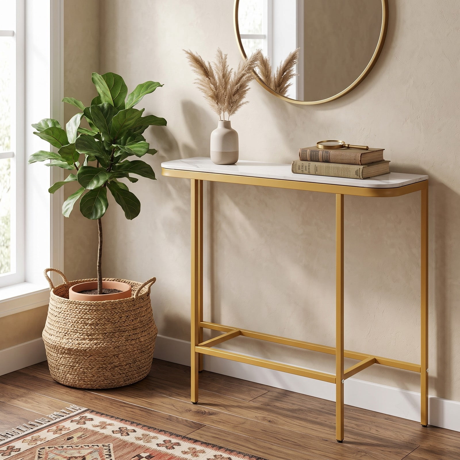 Furnibear 44 Inch Console Table with Faux Marble Tabletop and Heavy-Duty Metal Frame for Entryway and Living Room, White and Gold