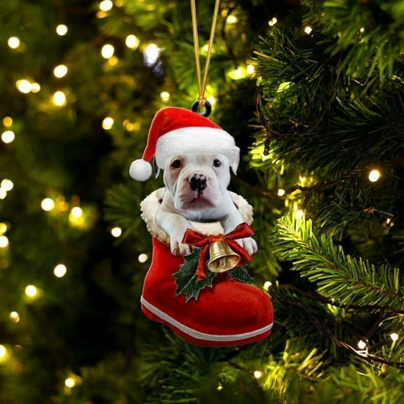 Acrylic 2D FLAT American Bulldog In Santa Boot Christmas Hanging Ornament
