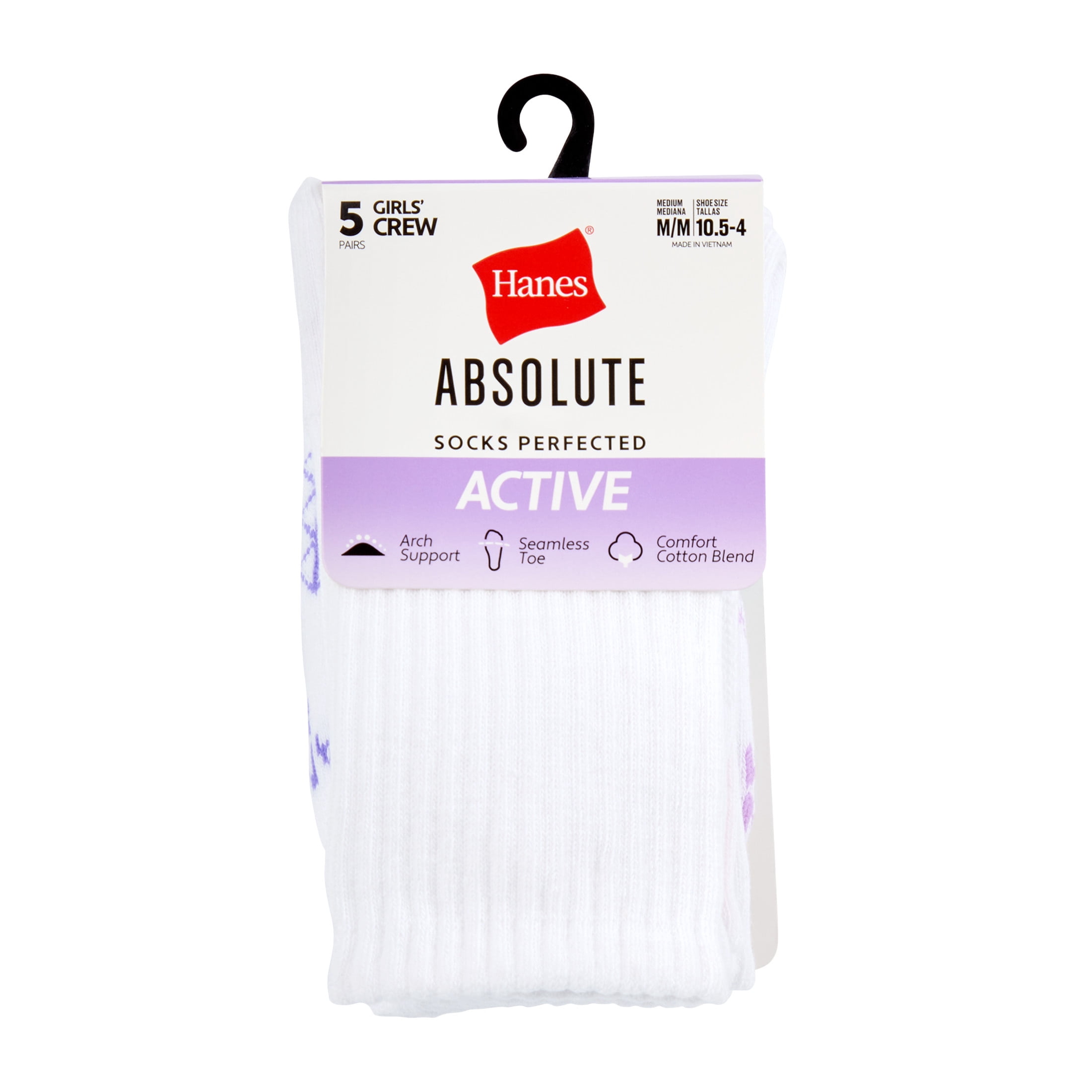 Hanes Girls Crew Socks Value Pack, 5-Pack, Absolute Active Crew Socks for Girls