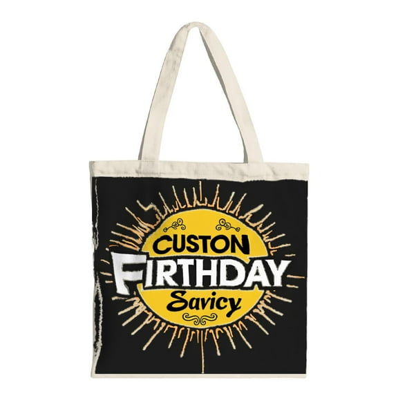 Customizable Tote Bag - Black Canvas with Bold White ' CUSTOM ' & ' FIRTHDAY ' Text Yellow Design Perfect for Parties Travel & Shopping