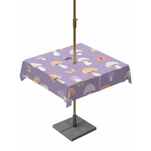 Outdoor Table Cloth with Umbrella Hole and Zipper, Purple Mushroom Waterproof Square Tablecloth 54"x54", Botanical Butterfly Spring Washable Table Cover for Outside Party Patio Picnic