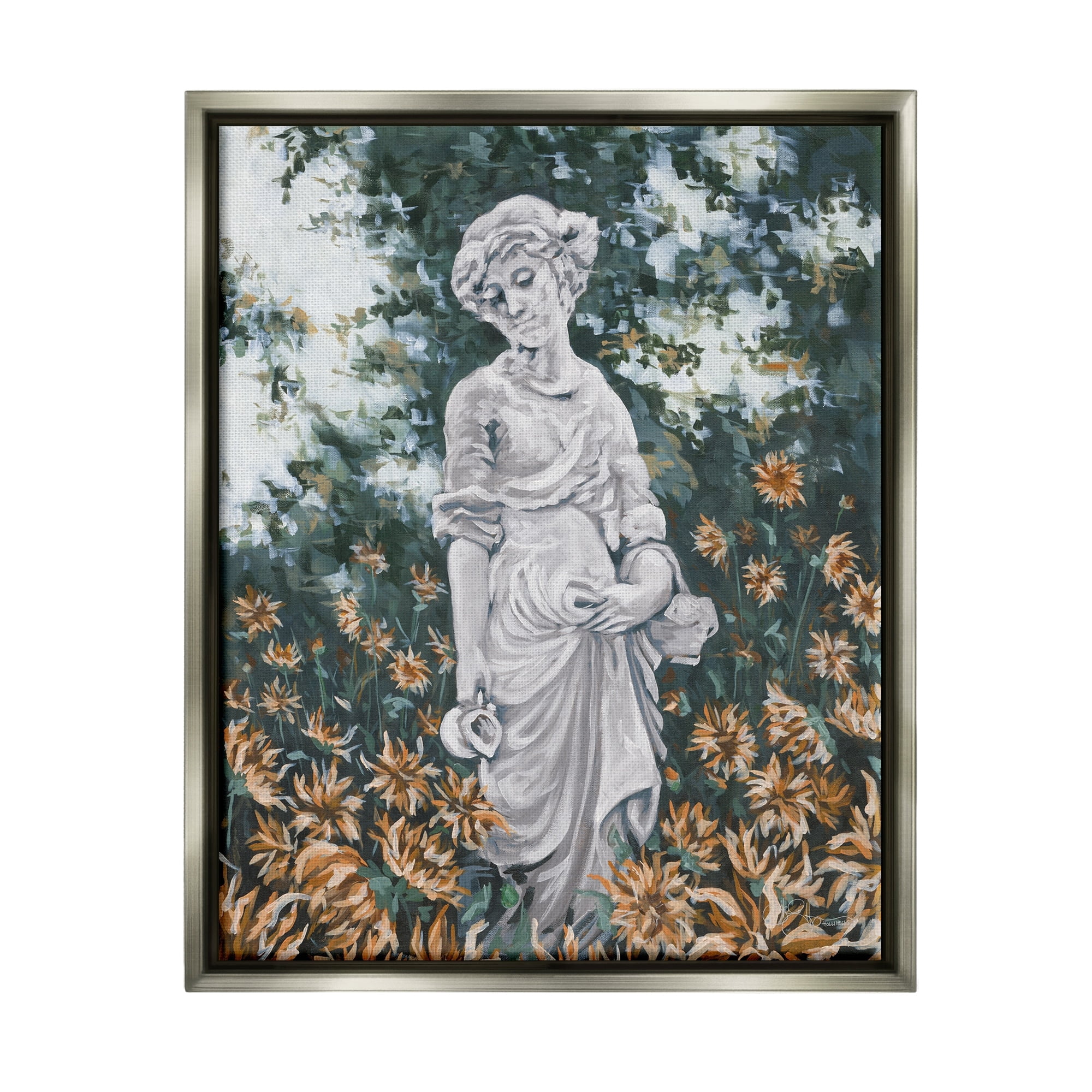 Stupell Industries Graceful Garden Woman Statue Surrounded Flower Blossoms Painting Luster Gray Floating Framed Canvas Print Wall Art, Design by Hollihocks Art