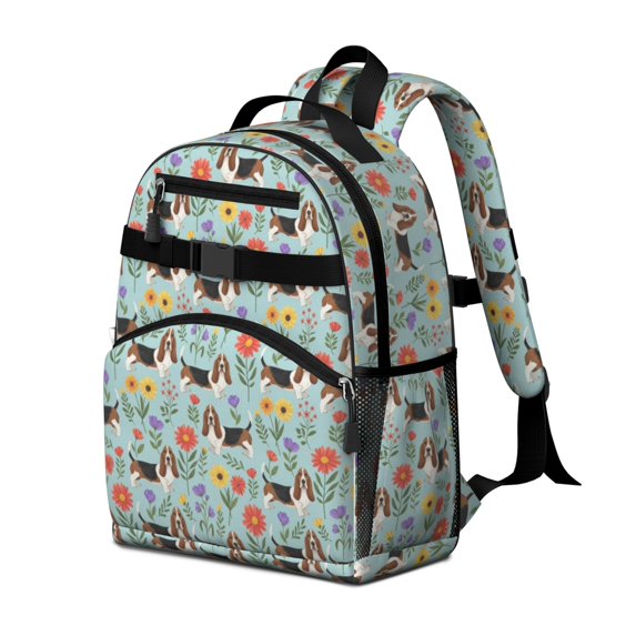 Basset Hound and Floral Blue Pattern Cute School Backpack Bag for School with Padded Back and Adjustable Shoulder Straps 15.25"x11.5"x5.25"