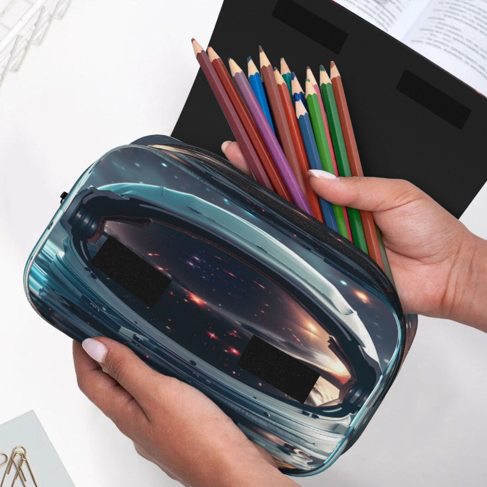 Rateoe Astronaut Helmet Reflections Pattern Double Clamshell Pen Case, Storage Organizer with Two Zipper Compartments– Holds Up to 50 Pencils & Pens