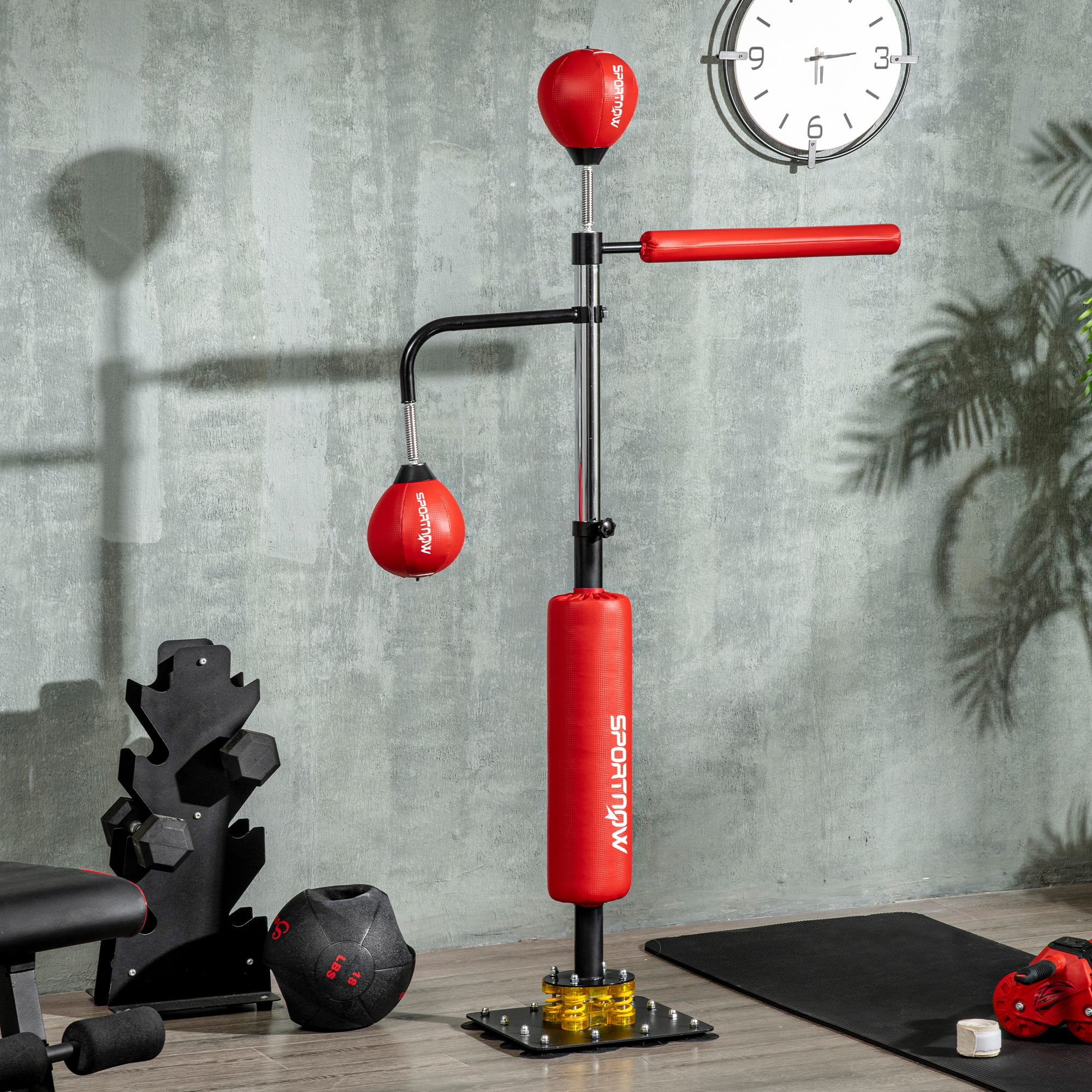 Exercise Equipment Soozier 4'7"-6'8" Boxing Bag Stand with Speed Bag and Reaction Bar Challenge, Reflex Bag Boxing Training Equipment with Suction Cups and Shock-absorbing System, Red,Workout Equipm