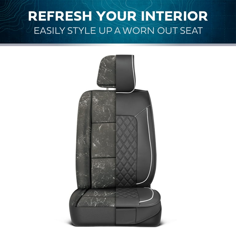 MotorBox Faux Leather Seat Covers for Cars Trucks SUV Black White Prestige Edition Car Seat Covers Full Set Diamond Stitched Cushioned Interior