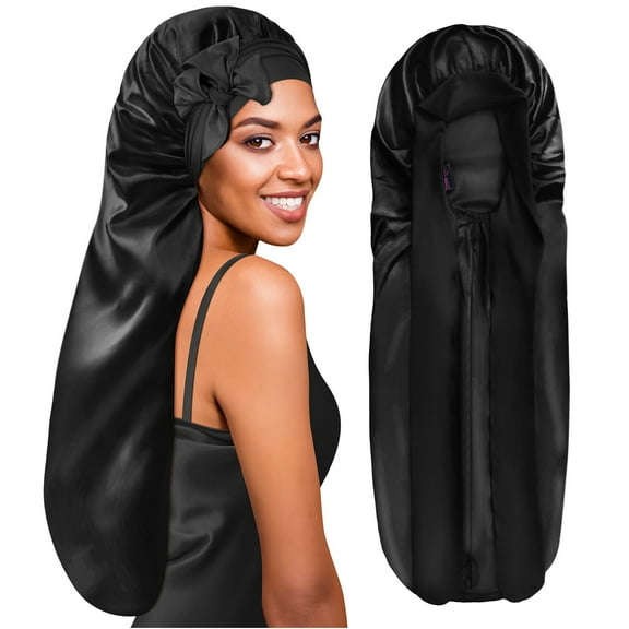 Extra Long Silky Satin Braid Bonnet with Tie Band Black