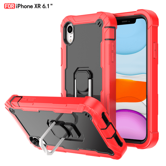iPhone XR Case - Heavy Duty Hybrid Rugged Dual Layer Protective Shockproof Kickstand Cover with Ring Holder for Apple iPhone XR 6.1", K