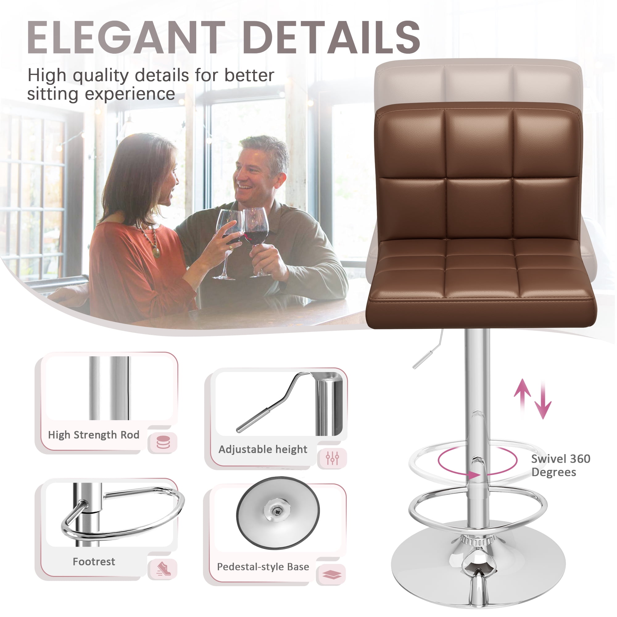 Homall Bar Stools Set of 2 PU Leather Counter Height Adjustable Swivel Barstool with Back for Kitchen, Brown