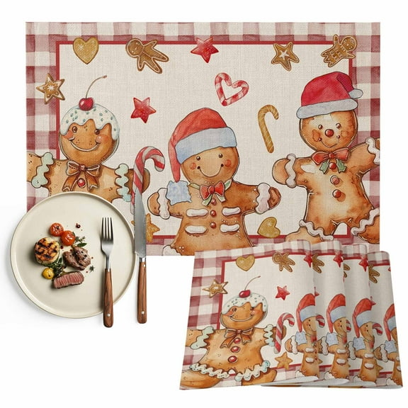 Vintage Christmas Gingerbread Man Placemats Set of 4, Beige Red Plaid Table Mats Washable Heat-Insulation Non-Slip Place Mats for Kitchen Dinner Table Indoor Outdoor Decor,13x19 Inch