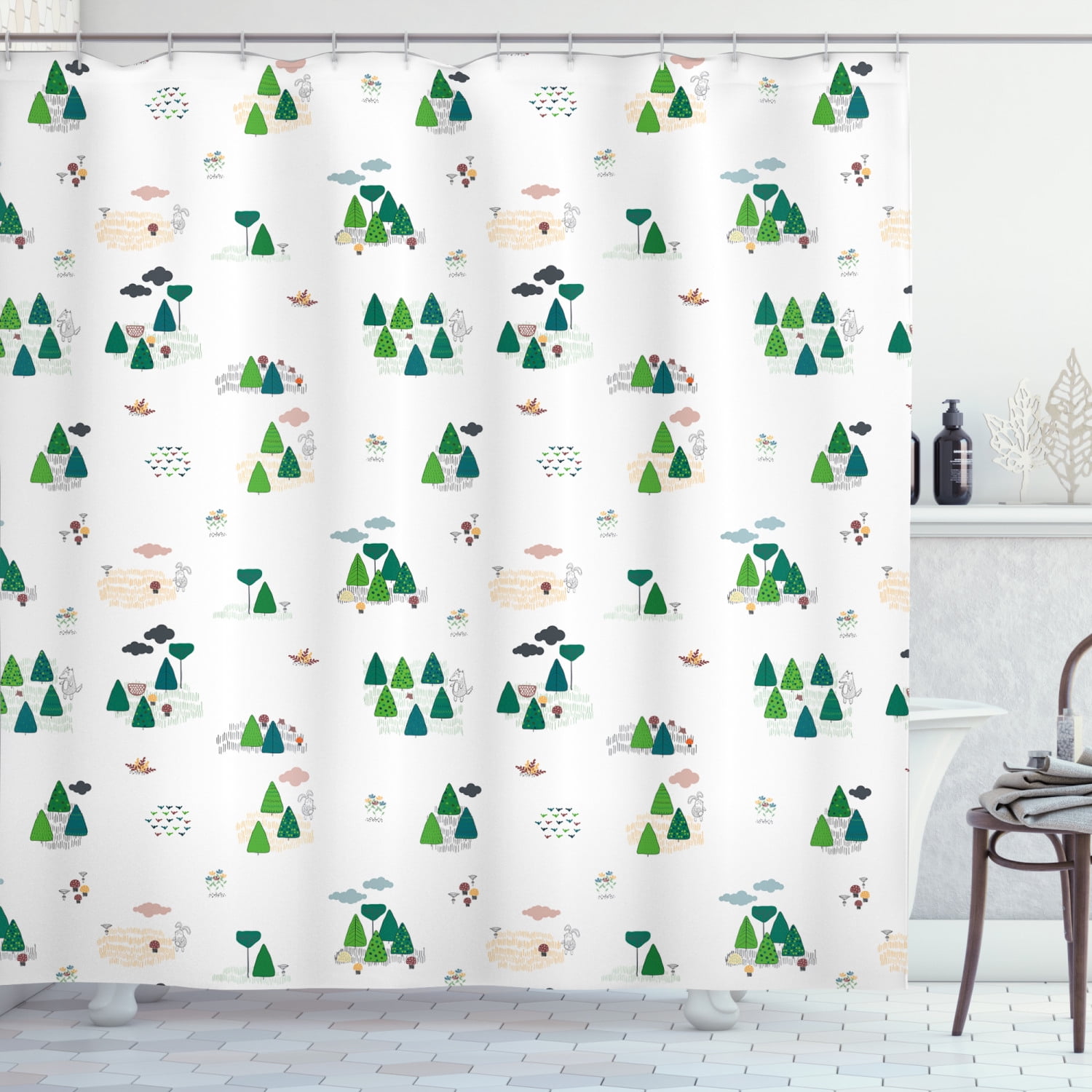 Forest Shower Curtain, Scandinavian Inspired Trees Clouds and Woodland