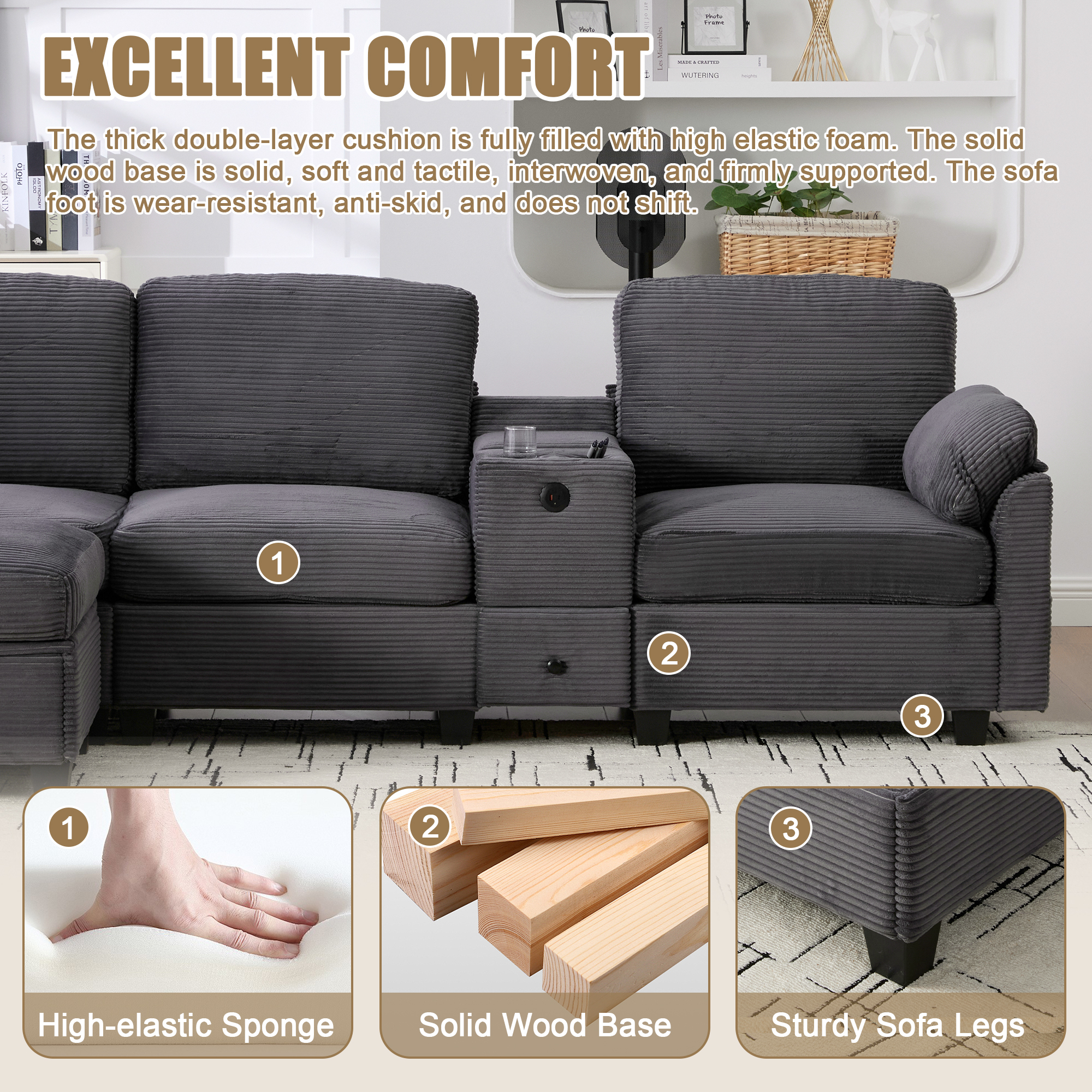 MOONMISS Corduroy Upholstered L-Shaped 4-seater Storage Multifunctional Sectional Sofa with Storage Ottoman-Dark Grey
