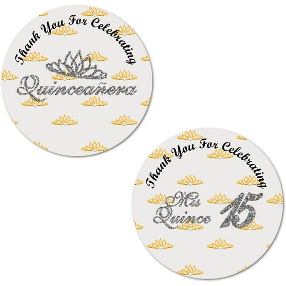 40 Quinceanera Stickers, 2 Inch Big Round Glossy Labels, Thank You for Celebrating Mis Quince 15 Birthday Theme, Great for Party Favors, Tags, Games and Supplies (Silver)