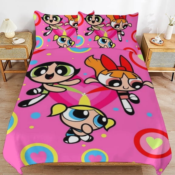 The Powerpuff Girls 3 Pieces Bedding Set 3D Printed Lightweight Bed Quilt Set Comforter Cover Set for Girls Kids Teens, 1 Quilt Cover 2 Pillowcases 86"x70"