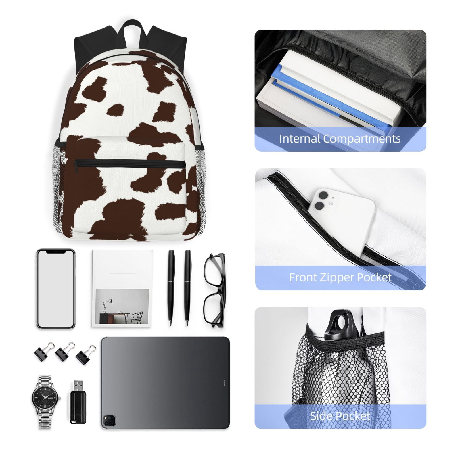 Horeoi Brown Cow Print Casual Backpack for School Work Travel Hiking with Laptop Compartment and Side Pockets Lightweight Design
