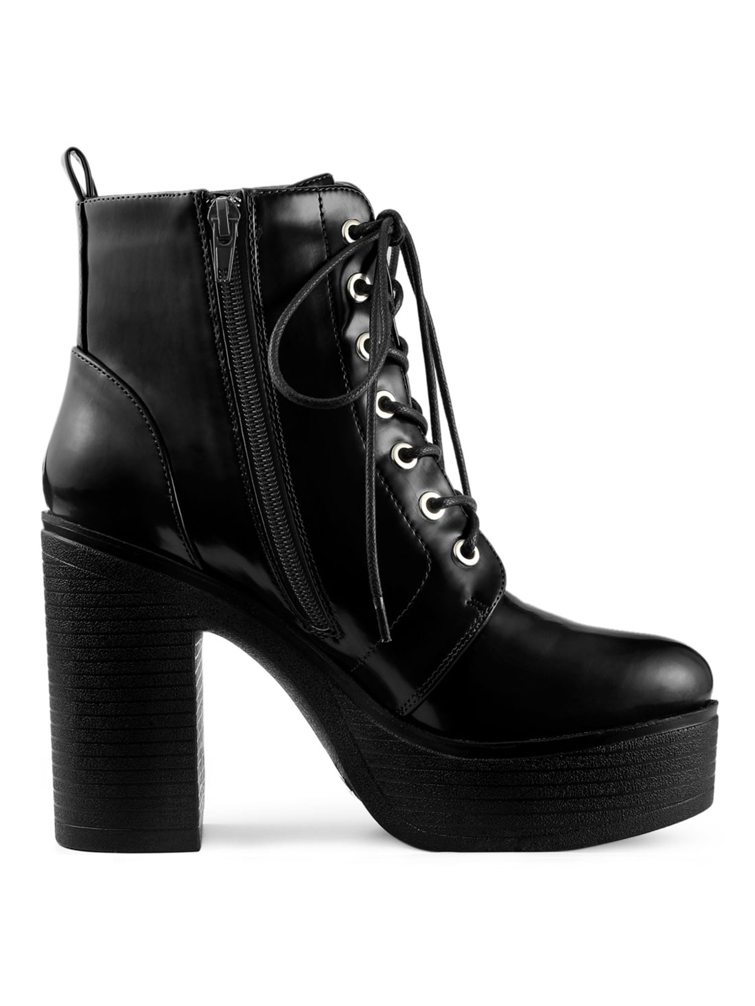 DARING DIVA Women's Zip Platform Block Heel Combat Boots Black 8.5